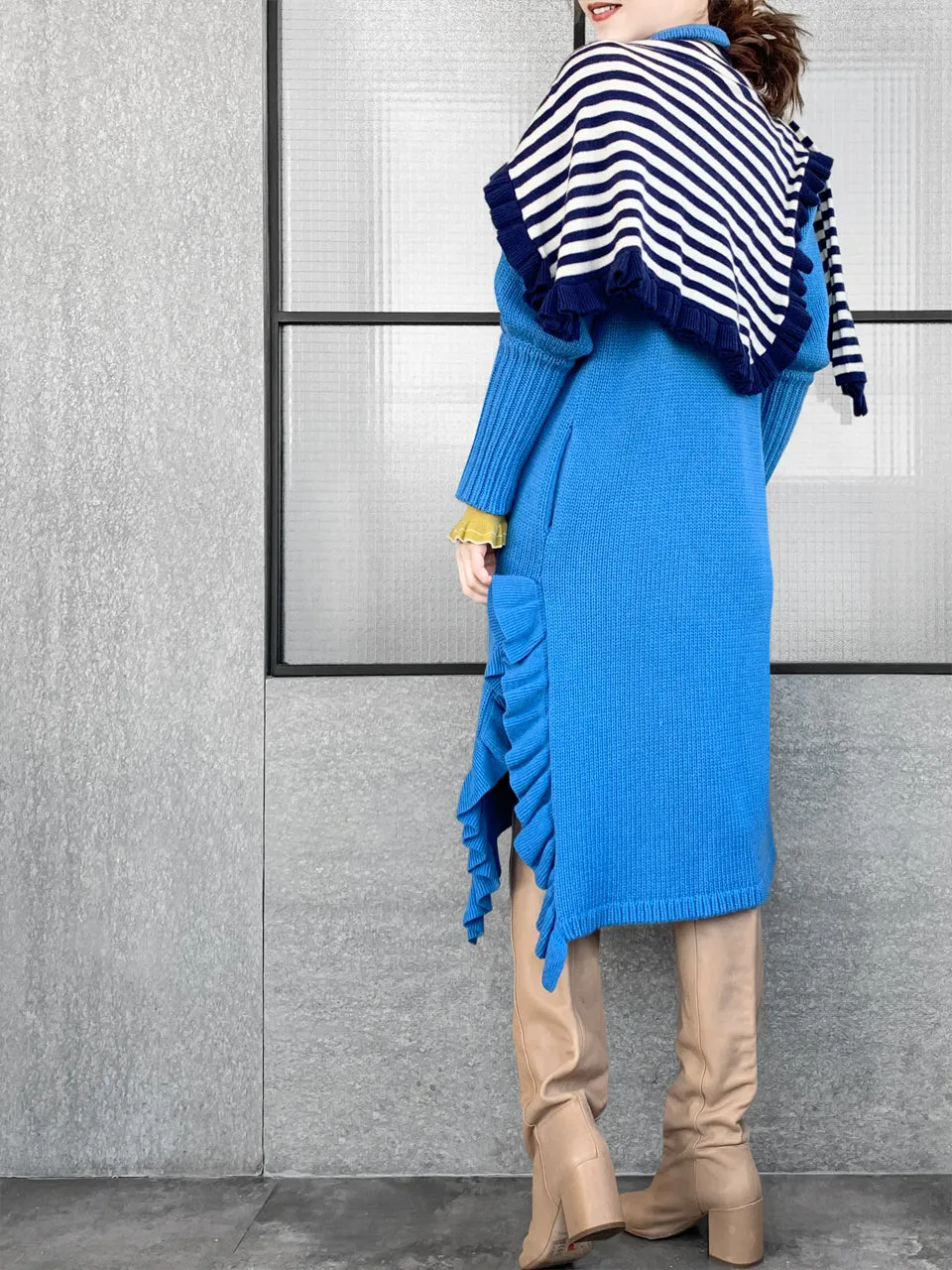 Surprise Sale! Blue Wool & Cashmere Ruffle Slit Longline Cardigan