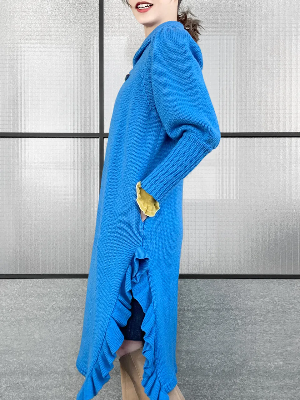 Surprise Sale! Blue Wool & Cashmere Ruffle Slit Longline Cardigan