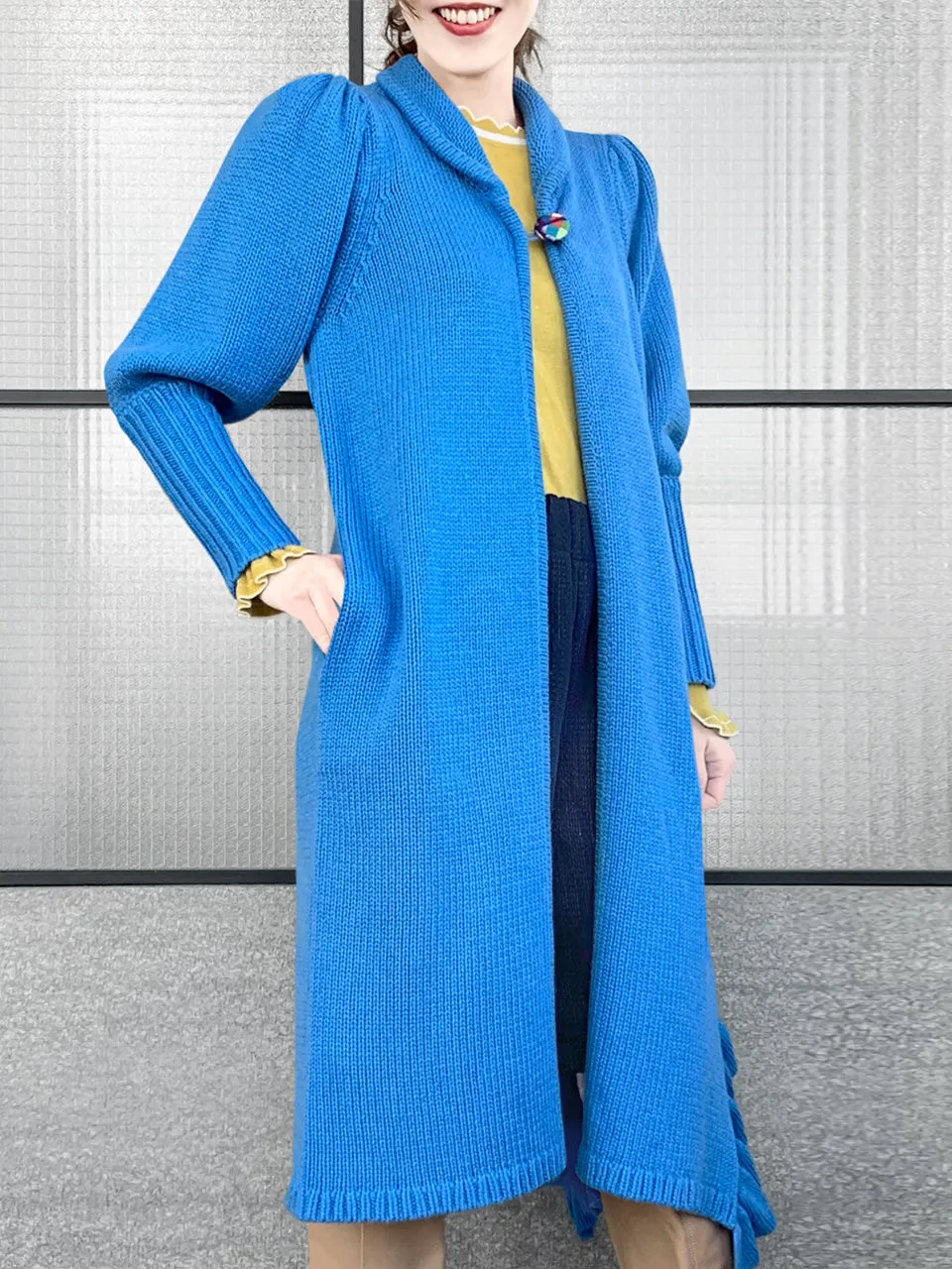 Surprise Sale! Blue Wool & Cashmere Ruffle Slit Longline Cardigan