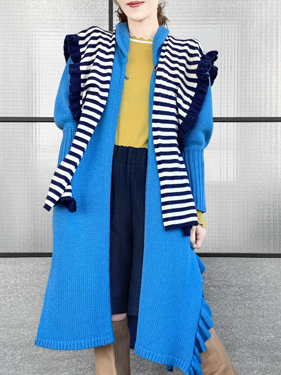 Surprise Sale! Blue Wool & Cashmere Ruffle Slit Longline Cardigan