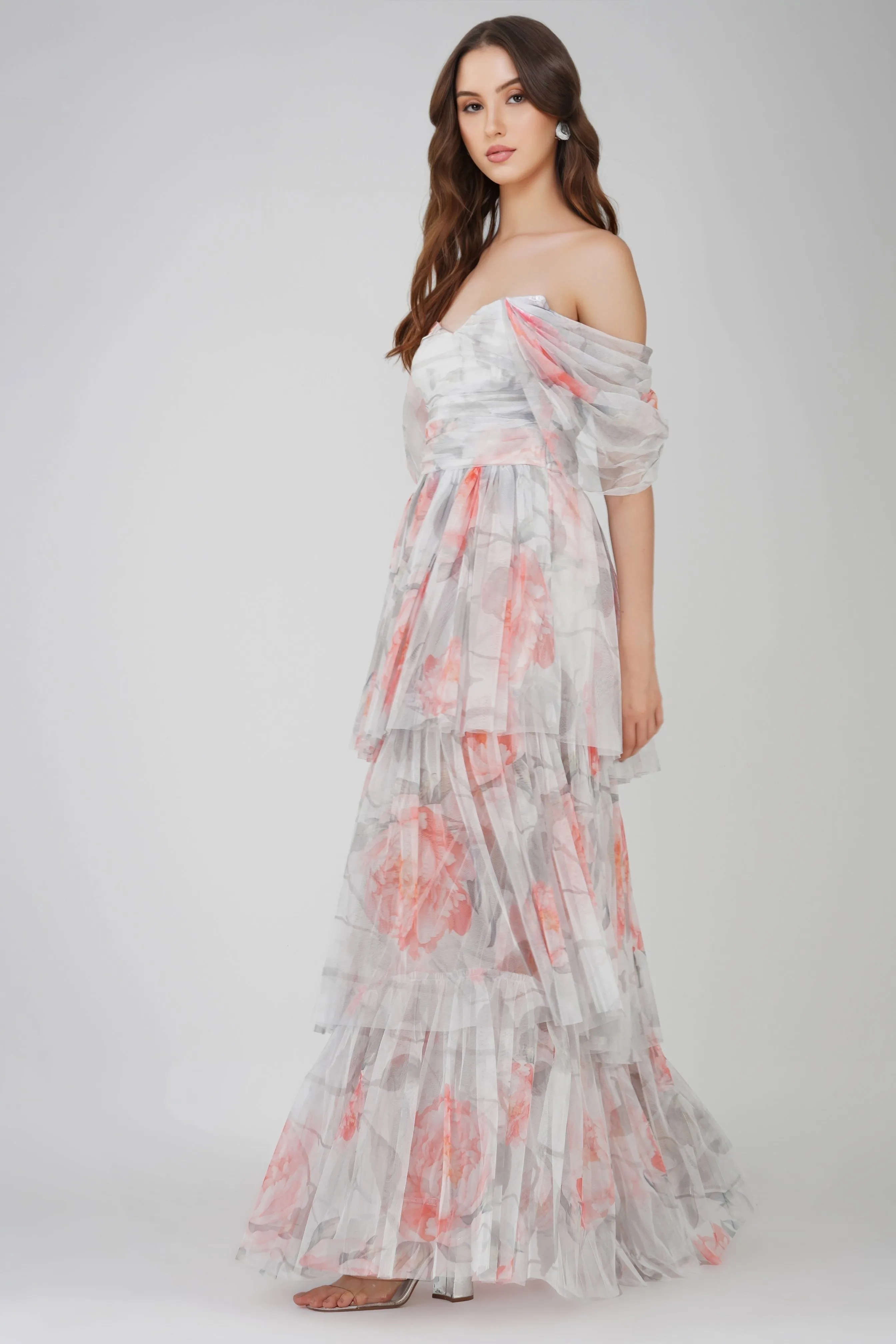 Sydney Tulle Maxi Dress in Peach Floral