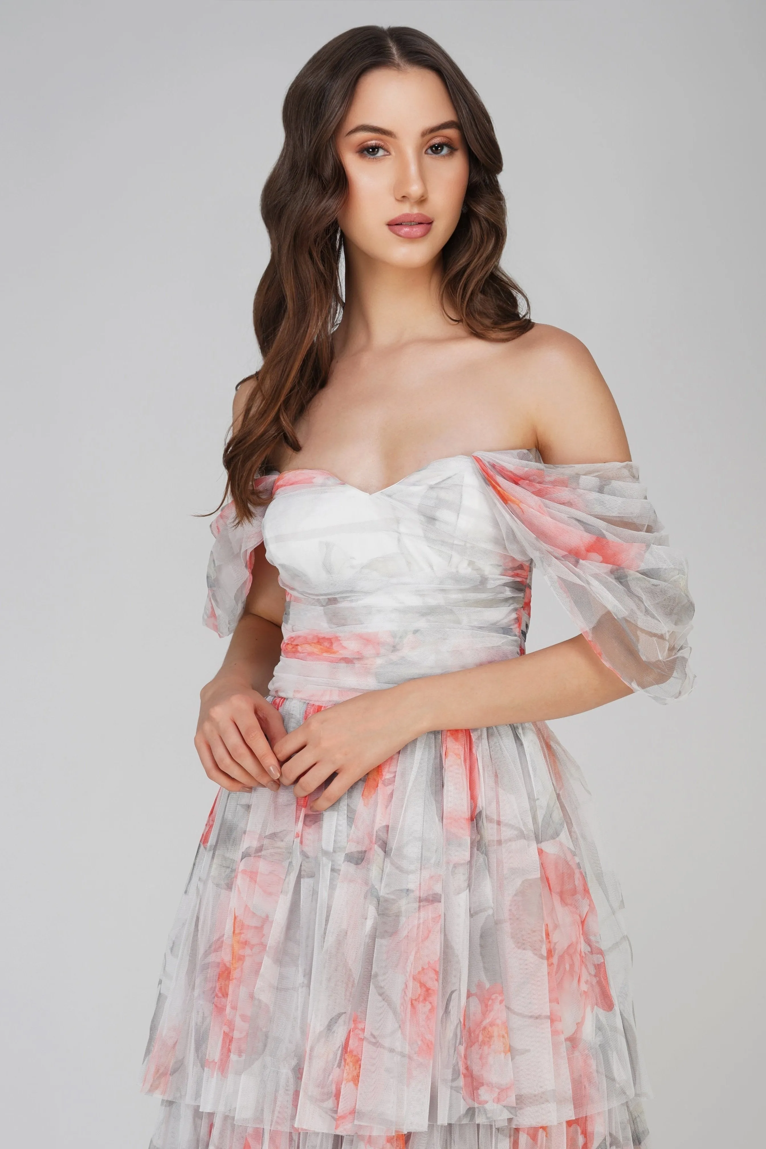 Sydney Tulle Maxi Dress in Peach Floral