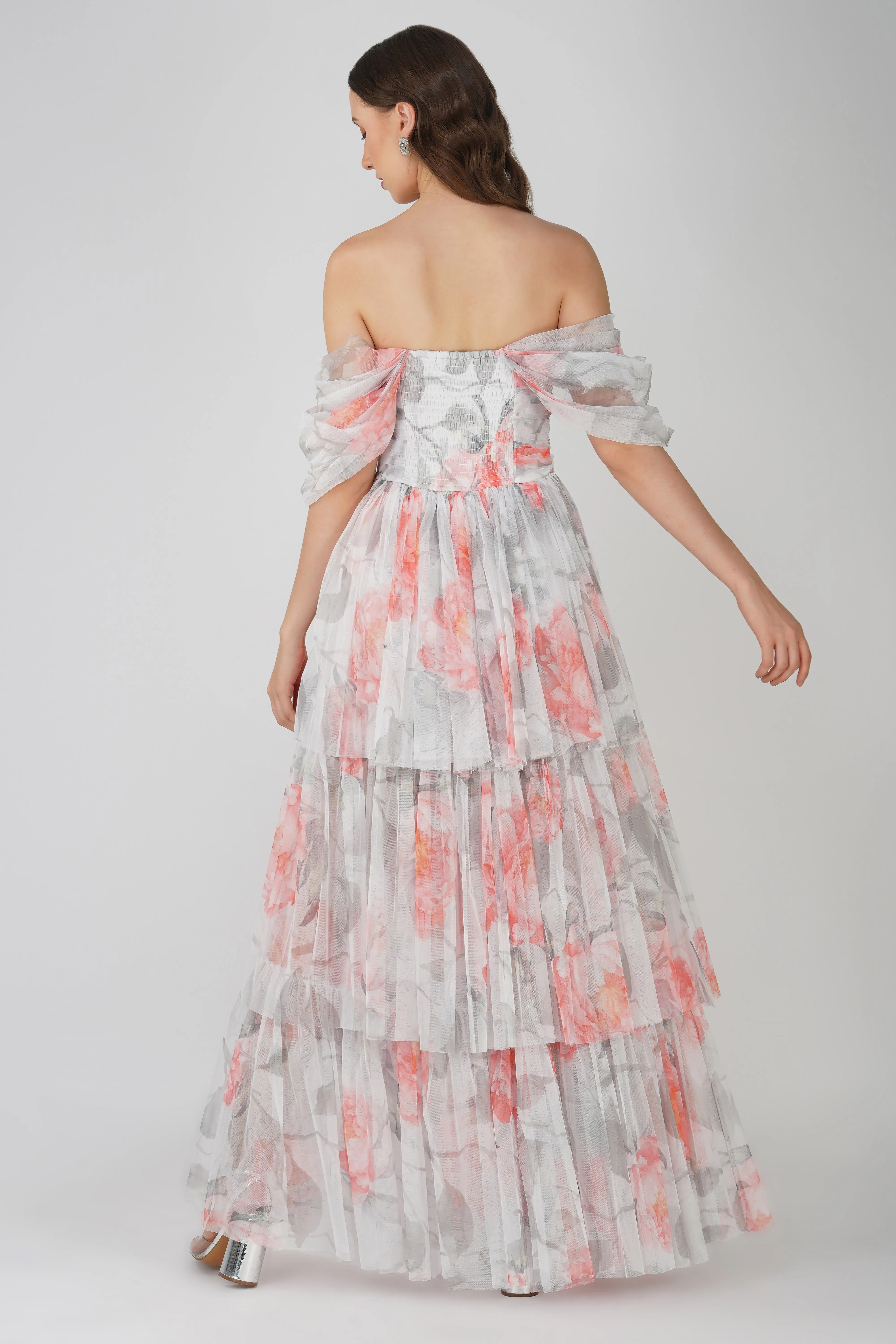 Sydney Tulle Maxi Dress in Peach Floral