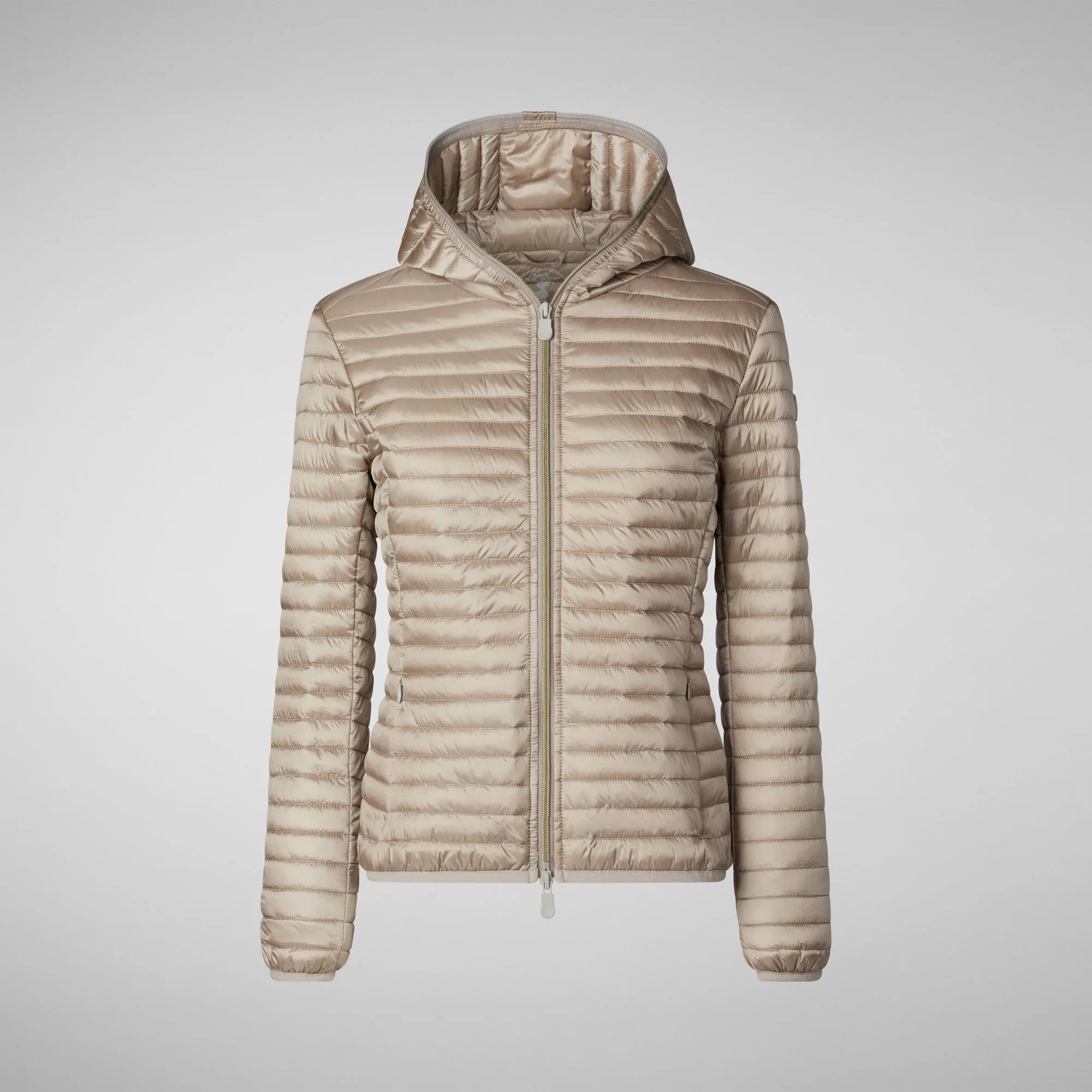 Woman's animal free hooded puffer Alexa in pearl grey