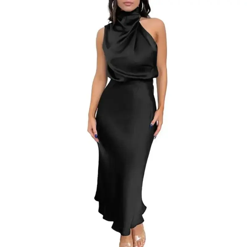 Women Gown Dress Halter Sleeveless Gown Dress Off Shoulder Waist Tight Hip Wrapped Loose Hem Smooth Satin Party Midi Dress