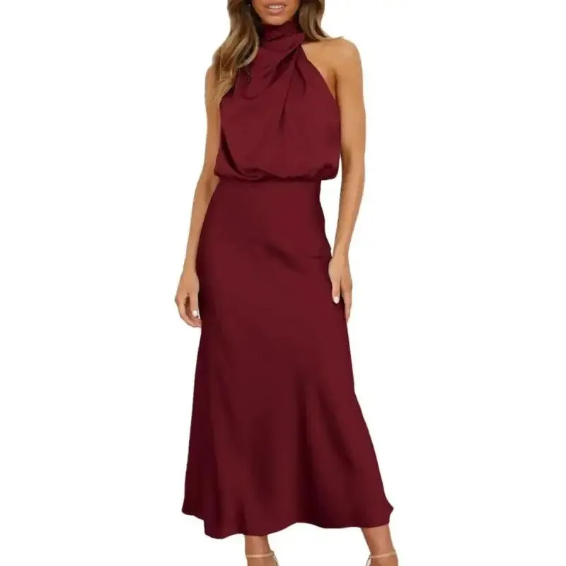 Women Gown Dress Halter Sleeveless Gown Dress Off Shoulder Waist Tight Hip Wrapped Loose Hem Smooth Satin Party Midi Dress