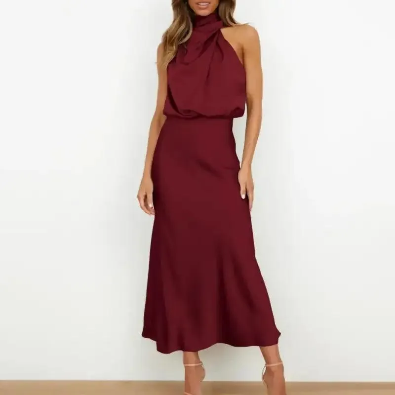 Women Gown Dress Halter Sleeveless Gown Dress Off Shoulder Waist Tight Hip Wrapped Loose Hem Smooth Satin Party Midi Dress