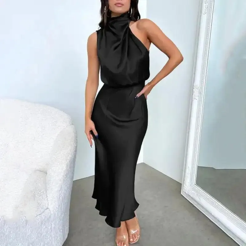 Women Gown Dress Halter Sleeveless Gown Dress Off Shoulder Waist Tight Hip Wrapped Loose Hem Smooth Satin Party Midi Dress