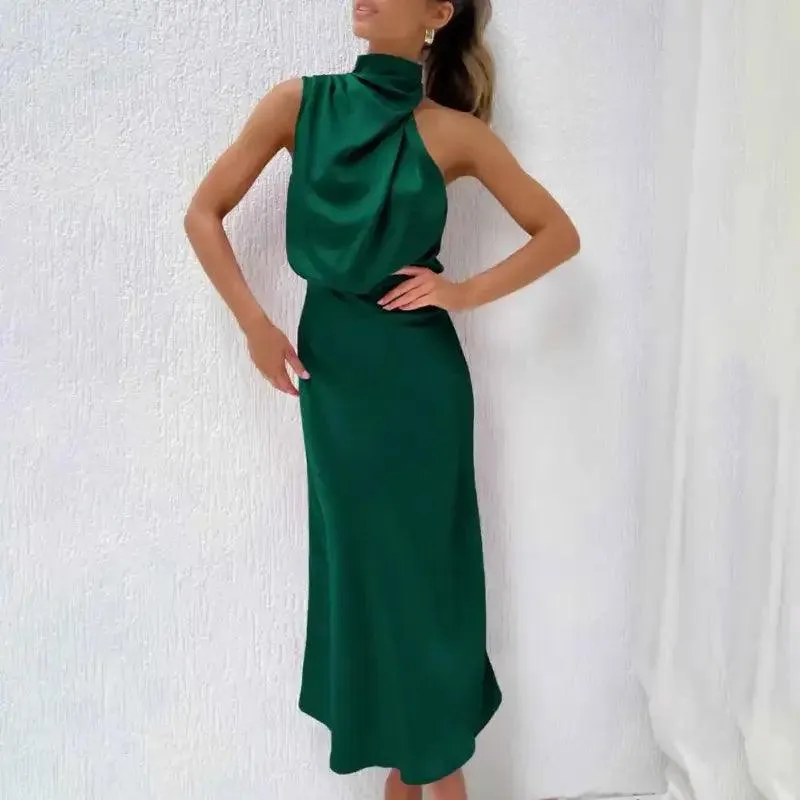 Women Gown Dress Halter Sleeveless Gown Dress Off Shoulder Waist Tight Hip Wrapped Loose Hem Smooth Satin Party Midi Dress