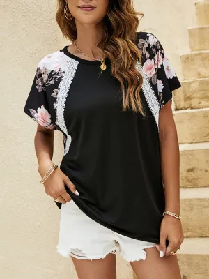 Women's Flutter Sleeve Floral Print Contrast Panel T-shirt