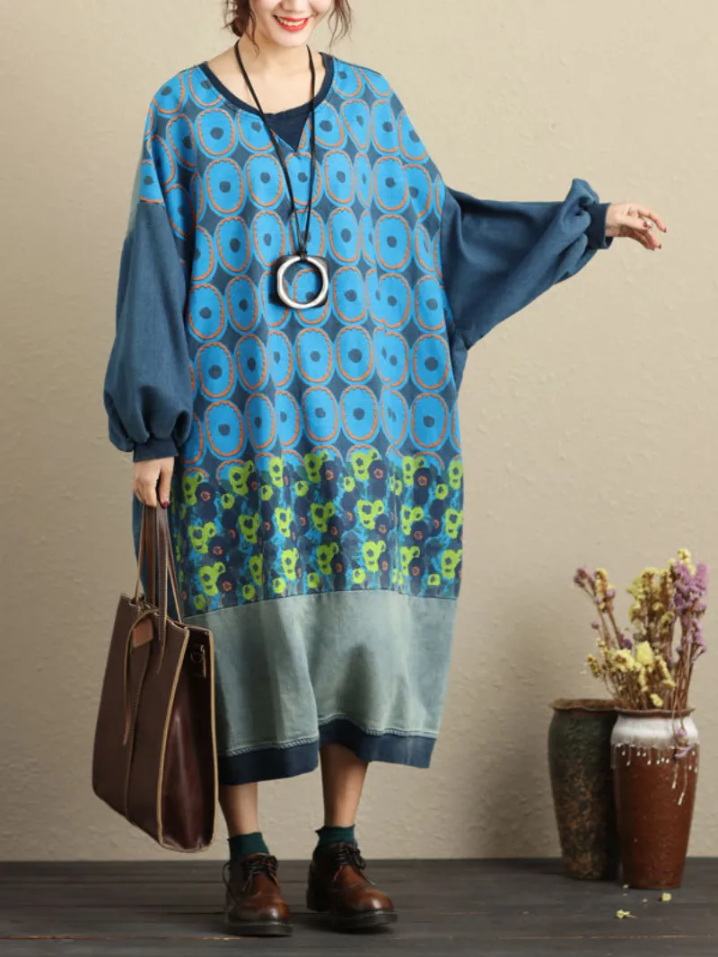 Women's Printed Side Pockets Robe Puff Sleeves Hooded Dress